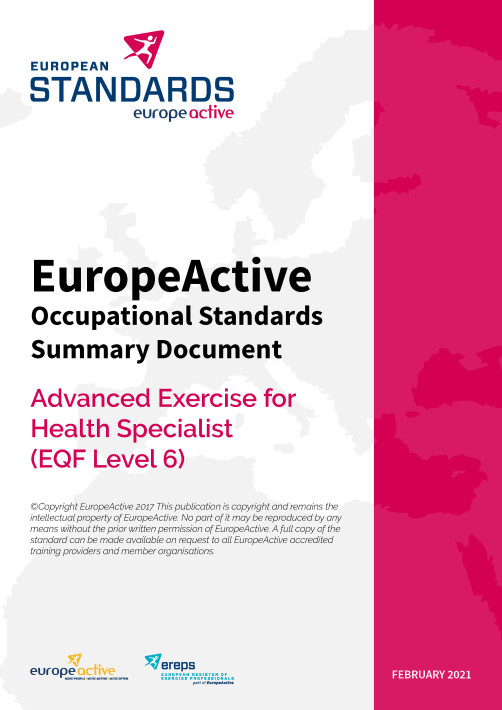 EuropeActive Standards Advanced Exercise for Health Specialist (EQF Level 6)